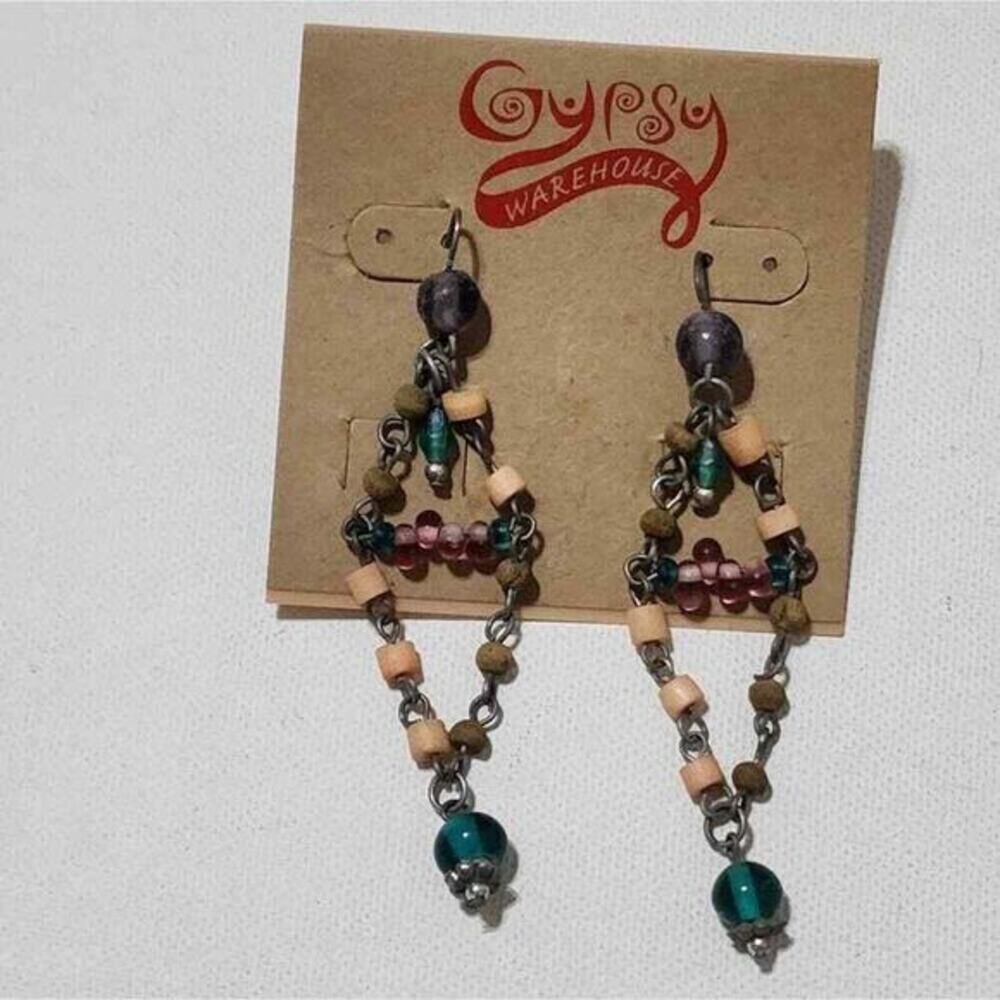 Treska Gypsy Beaded Chandelier Earrings Teal Pink Boho Drop Geometric NWT‎